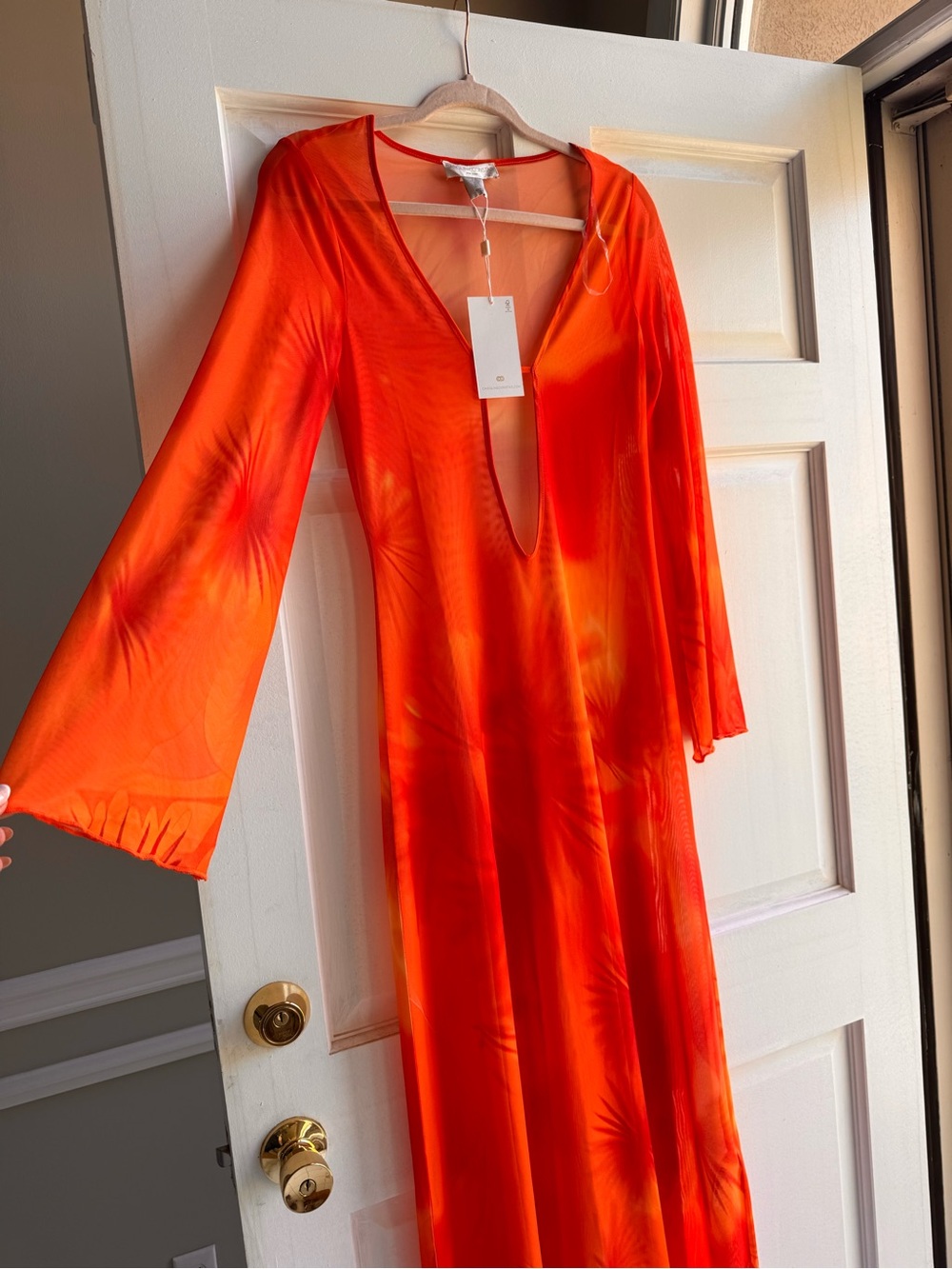 NWT Caroline Constas Women's Orange Floral Long-Sleeve Swim Cover-Up Dress - Picture 2 of 6